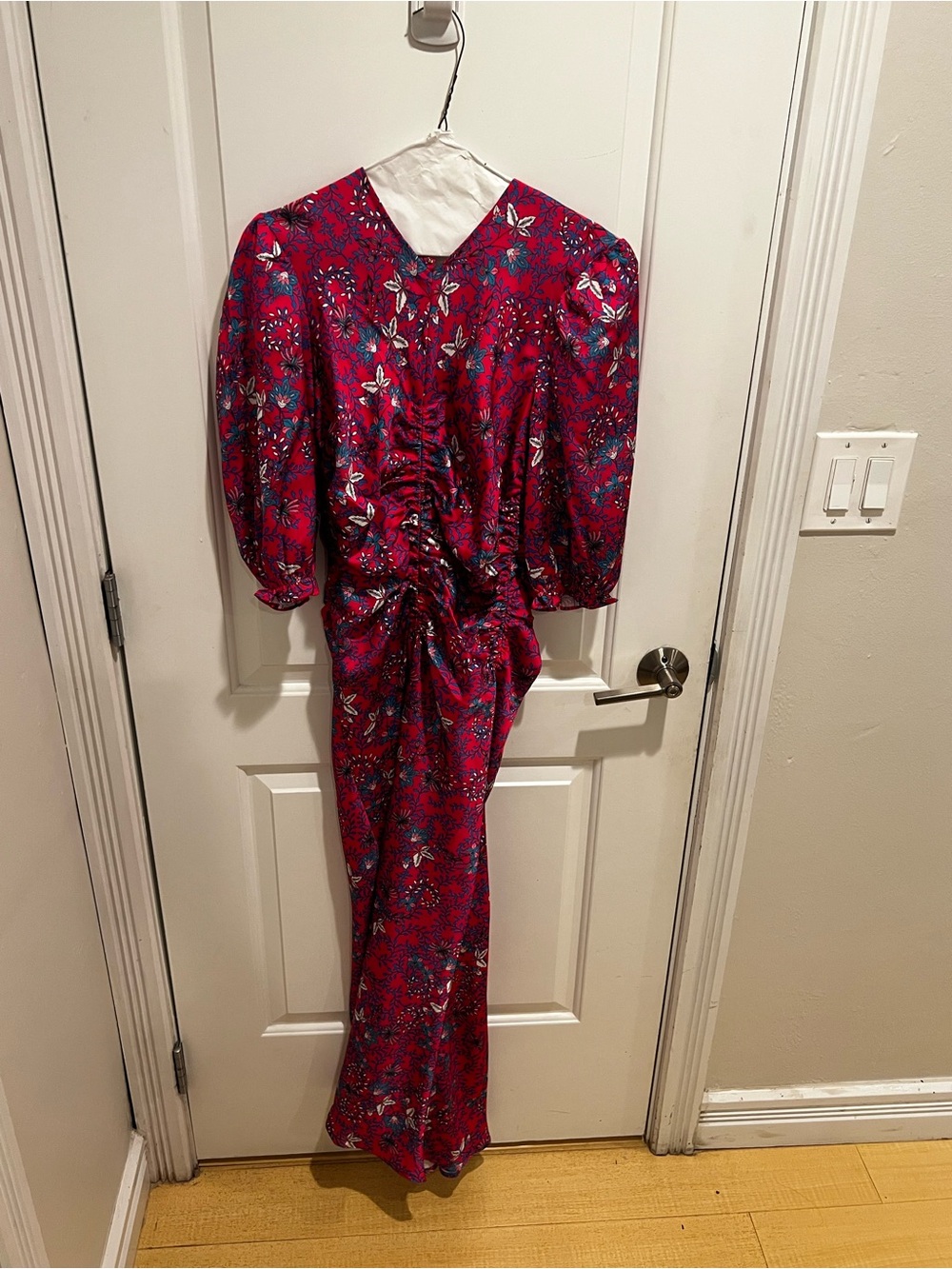 Floral Satin Ruched Back Maxi Dress in Fuchsia